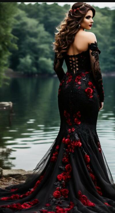 Gothic Mermaid Wedding Dress, Black and Red Appliques Tulle Bridal Dress Bridal Gown