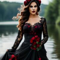 Gothic Mermaid Wedding Dress, Black and Red Appliques Tulle Bridal Dress Bridal Gown - Thumbnail 1