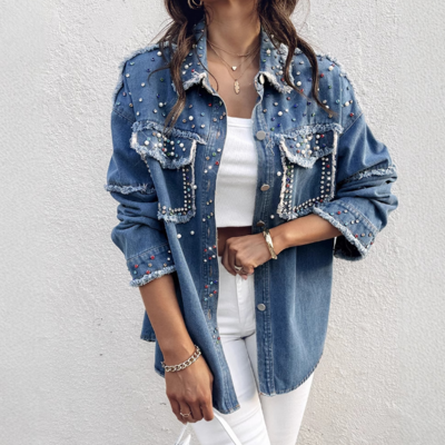 Women nail bead contrasting denim long sleeved jacket