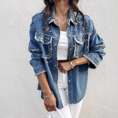 Women Nail Bead Contrasting Denim Long Sleeved Jacket