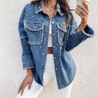 Women Nail Bead Contrasting Denim Long Sleeved Jacket - Thumbnail 1