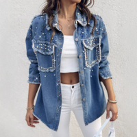 Women Nail Bead Contrasting Denim Long Sleeved Jacket - Thumbnail 2
