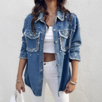 Women Nail Bead Contrasting Denim Long Sleeved Jacket - Thumbnail 3