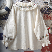 Sweet embroidered ruffled doll collar tie bow loose blouses - Thumbnail 1