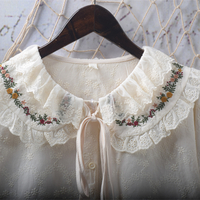 Sweet embroidered ruffled doll collar tie bow loose blouses - Thumbnail 2
