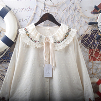 Sweet embroidered ruffled doll collar tie bow loose blouses - Thumbnail 6