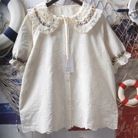 Sweet embroidered ruffled doll collar tie bow loose blouses - Thumbnail 8