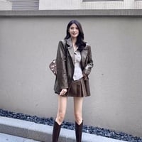 Women's V-neck high thick heel genuine leather boots 2 colors - Thumbnail 1