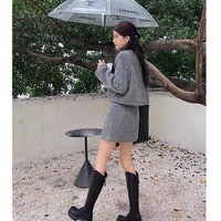 Women's V-neck high thick heel genuine leather boots 2 colors - Thumbnail 8