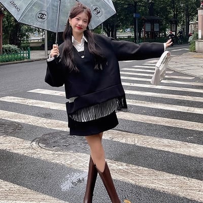 Women's v-neck high thick heel genuine leather boots 2 colors