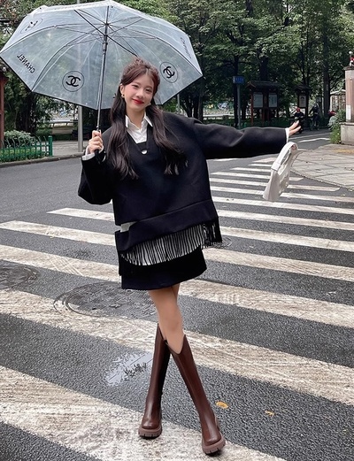 Women's V-neck high thick heel genuine leather boots 2 colors