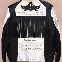 Crafted Leather Classic Black White Leather Unique Punk Gothic Studded Biker Jacket - Thumbnail 1