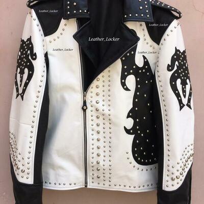 Crafted leather classic black white leather unique punk gothic studded biker jacket