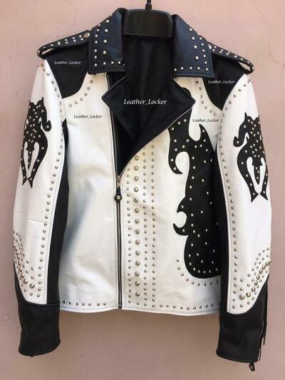 Crafted Leather Classic Black White Leather Unique Punk Gothic Studded Biker Jacket