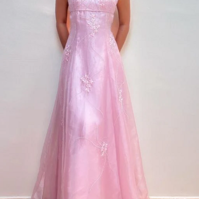 A line straps pink long prom dress with beading