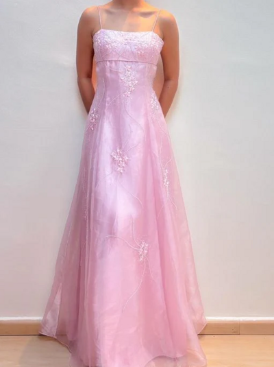 A Line Straps Pink Long Prom Dress with Beading