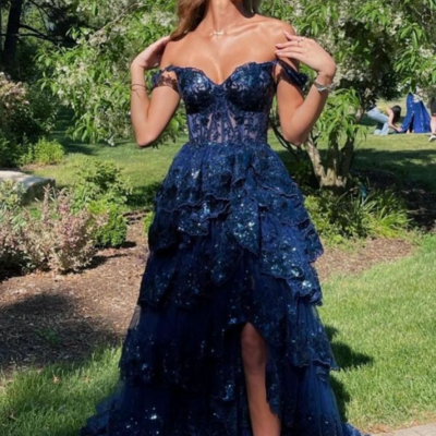Off the shoulder layered navy blue lace prom dress with split