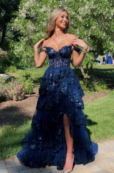 Off the Shoulder Layered Navy Blue Lace Prom Dress with Split