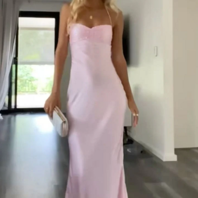 Simple long pink backless prom dresses, evening dresses