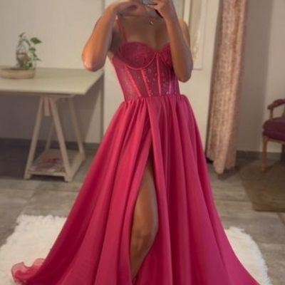 Hot pink a line side slit prom dresses