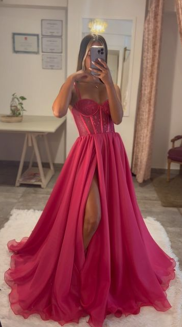 Hot Pink A Line Side Slit Prom Dresses