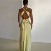 Simple Yellow V Neck Prom Dress Evening Dress - Thumbnail 1