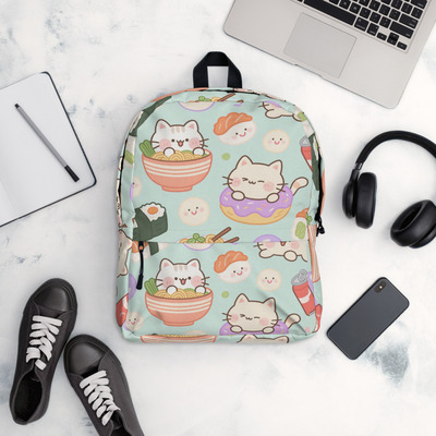 Women cute backpack chubby cats sneaking snacks in a whimsical food parade