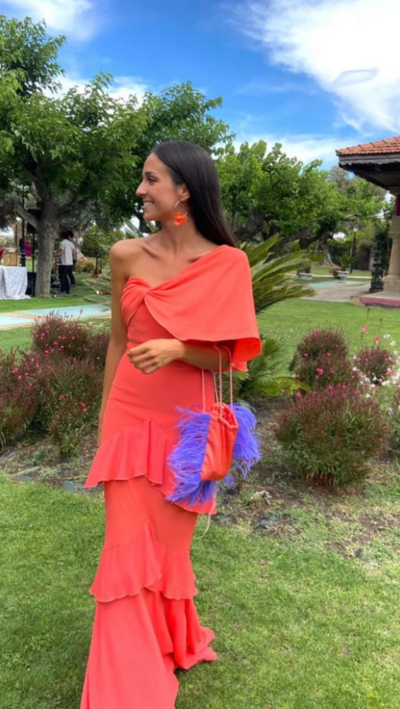 Elegant One Shoulder Coral Orange Prom Dress with Ruffle Hem