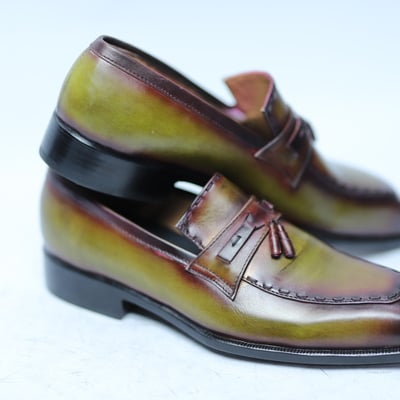 Crafted leather handmade men classic green patina leather tassel loafers dress shoes 