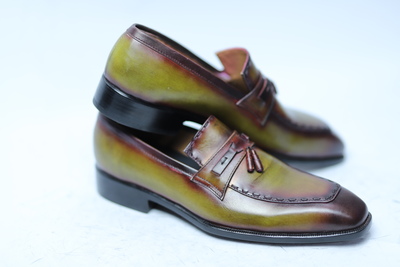 Crafted Leather Handmade Men Classic Green Patina Leather Tassel Loafers Dress Shoes 