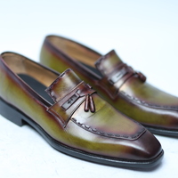 Crafted Leather Handmade Men Classic Green Patina Leather Tassel Loafers Dress Shoes  - Thumbnail 1