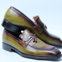 Crafted Leather Handmade Men Classic Green Patina Leather Tassel Loafers Dress Shoes  - Thumbnail 3