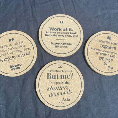 Cork anime quote coasters