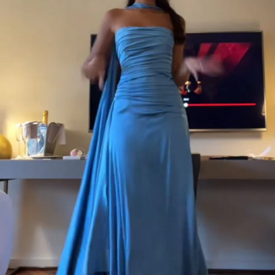 Elegant strapless a line blue prom dress,evening dress - Thumbnail 1