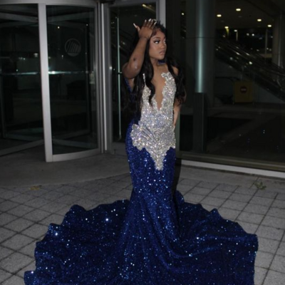 Mermaid royal blue sequins afrcian prom dresses - Thumbnail 1