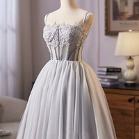 Gray Tulle Lace Short Prom Dress, A-Line Evening Party Dress - Thumbnail 1