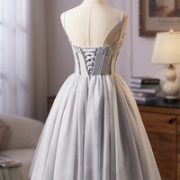 Gray Tulle Lace Short Prom Dress, A-Line Evening Party Dress - Thumbnail 2