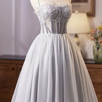 Gray Tulle Lace Short Prom Dress, A-Line Evening Party Dress - Thumbnail 3