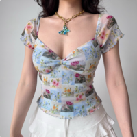 Retro low-cut printed mesh top for women V-neck short-sleeved T-shirt - Thumbnail 3