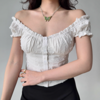 Retro Puff Sleeve Embroidery White Shirt Women's Summer U-neck Short Sleeve Slim Fit Top - Thumbnail 1