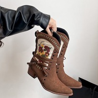 Retro Ethnic Floral Embroidery Cowboy Boots - Thumbnail 1