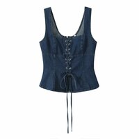 Slim back zipper washed square neck sleeveless denim vest - Thumbnail 3