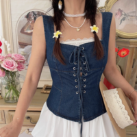 Slim back zipper washed square neck sleeveless denim vest - Thumbnail 4