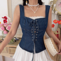 Slim back zipper washed square neck sleeveless denim vest - Thumbnail 5
