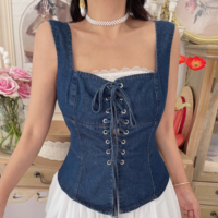 Slim back zipper washed square neck sleeveless denim vest - Thumbnail 6