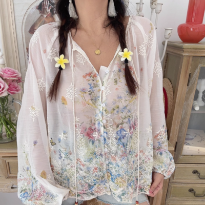 Tie-up long-sleeved chiffon shirt with print lantern sleeves, round-neck single-breasted shirt