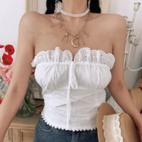 Heavy embroidery drawstring heart lace slim tube top - Thumbnail 1