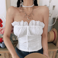 Heavy embroidery drawstring heart lace slim tube top - Thumbnail 3