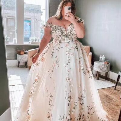 Plus size ball gown tulle floral wedding dress bridal gowns