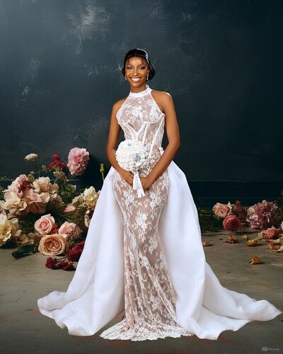 Champagne Mermaid High Neck Lace with Detachable Train African Girls Wedding Dress Bridal Gowns